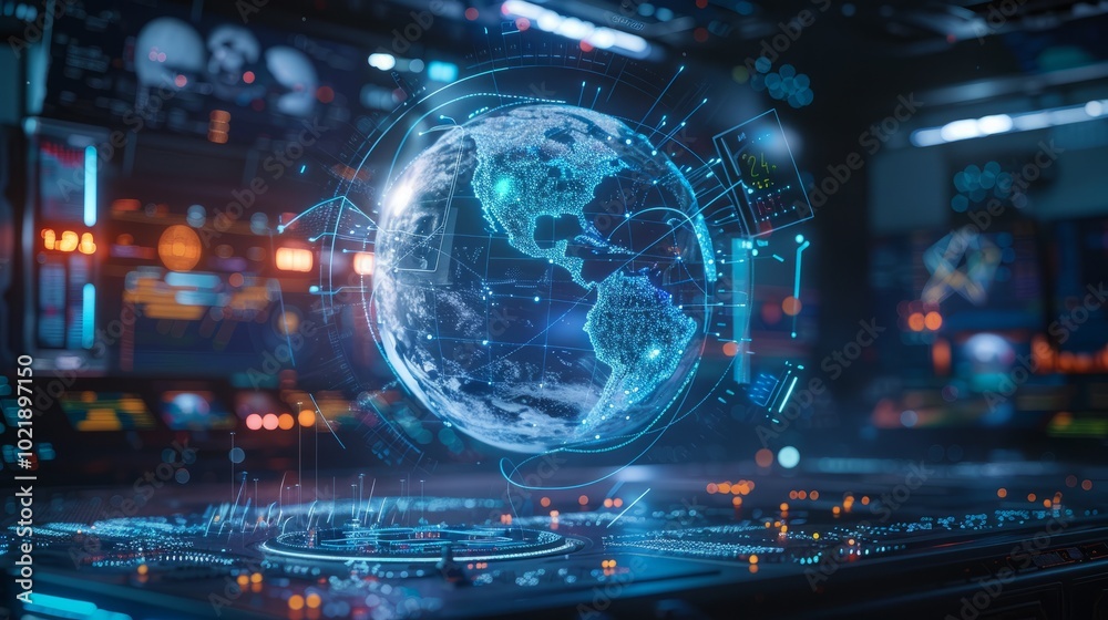 The image showcases a holographic globe in a high-tech environment. The style is futuristic, focusing on lighting effects and digital texture, symbolizing technological innovations and the future