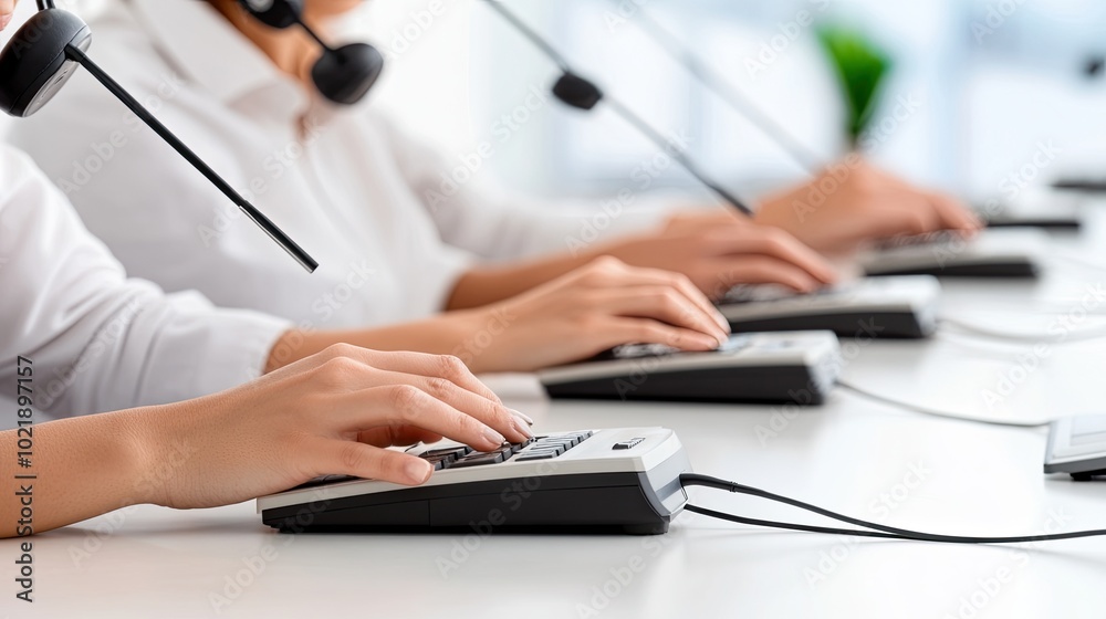 A young woman with shoulder-length hair and headphones engages with clients in a call center, exuding professionalism and warmth in a tech-driven workspace A young woman with shoulder-length hair and headphones engages with clients in a call center, exuding professionalism and warmth in a tech-driven workspace