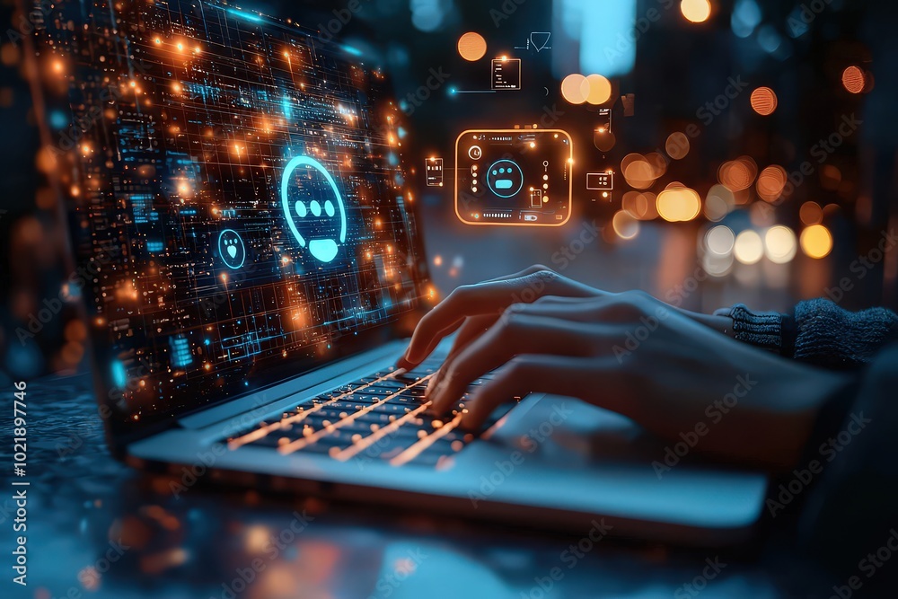 Person typing on their laptop, with an AI chatbot icon floating above the keyboard and having conversation bubbles around it. Person typing on their laptop, with an AI chatbot icon floating above the keyboard and having conversation bubbles around it.