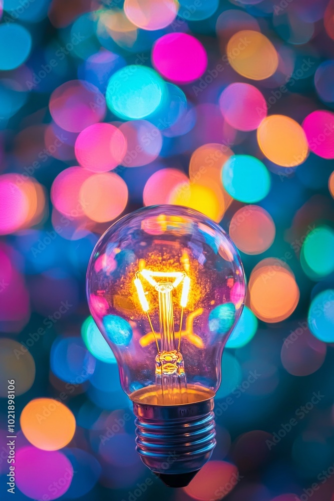 A closeup of a glowing lightbulb with a bokeh background of vibrant colors, symbolizing innovation A closeup of a glowing lightbulb with a bokeh background of vibrant colors, symbolizing innovation
