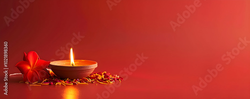 Banner with traditional Diwali diya oil lamp. Deepavali greeting template with copy space. Hindu festival of lights. Pongal, Ugadi, Gudi Padwa. Decor for Indian holidays. Design for invitation, card. photo