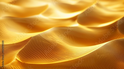 The image features a wavy surface reminiscent of sand dunes illuminated by golden light. The style is abstract and atmospheric, focusing on fluid forms and lighting effects. 