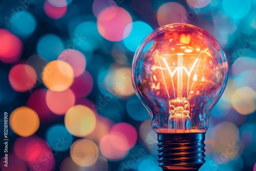 A closeup of a glowing lightbulb with a bokeh background of vibrant colors, symbolizing innovation 