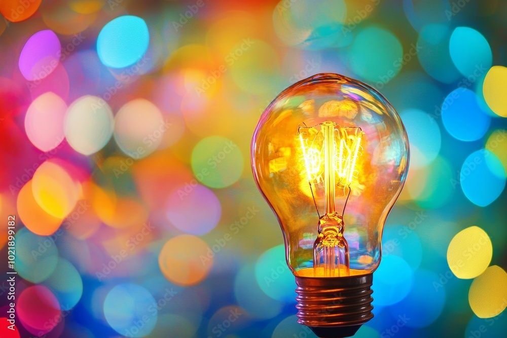 A closeup of a glowing lightbulb with a bokeh background of vibrant colors, symbolizing innovation A closeup of a glowing lightbulb with a bokeh background of vibrant colors, symbolizing innovation
