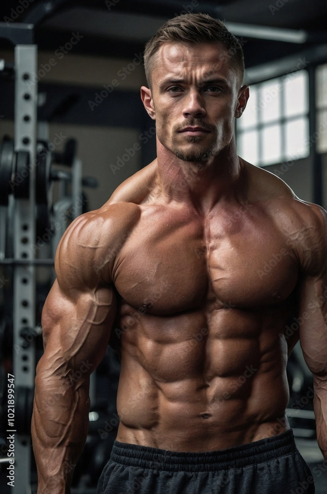 Muscular man poses confidently in gym while showcasing strength and dedication to fitness. Muscular man poses confidently in gym while showcasing strength and dedication to fitness.