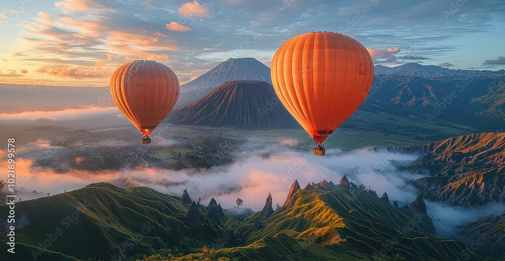 Fototapeta premium Two hot air balloons flying over the foggy mountains