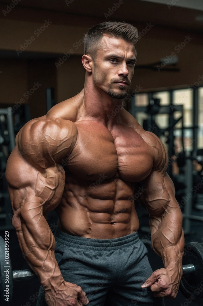 A muscular man posing in the gym, showcasing strength during an intense workout session in a fitness center. A muscular man posing in the gym, showcasing strength during an intense workout session in a fitness center.