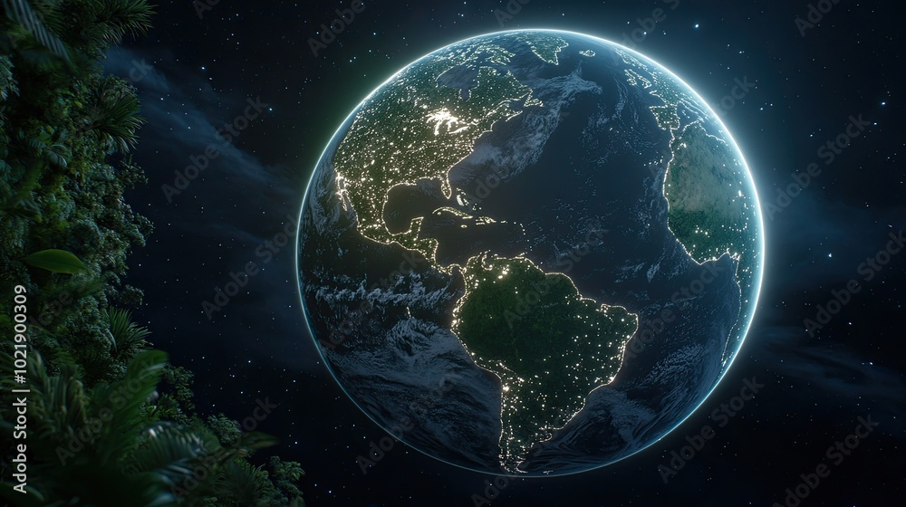 Fototapeta premium The lush, green planet Earth is illuminated by soft sunlight, showcasing global hope and commitment to environmental protection amidst vibrant garden foliage