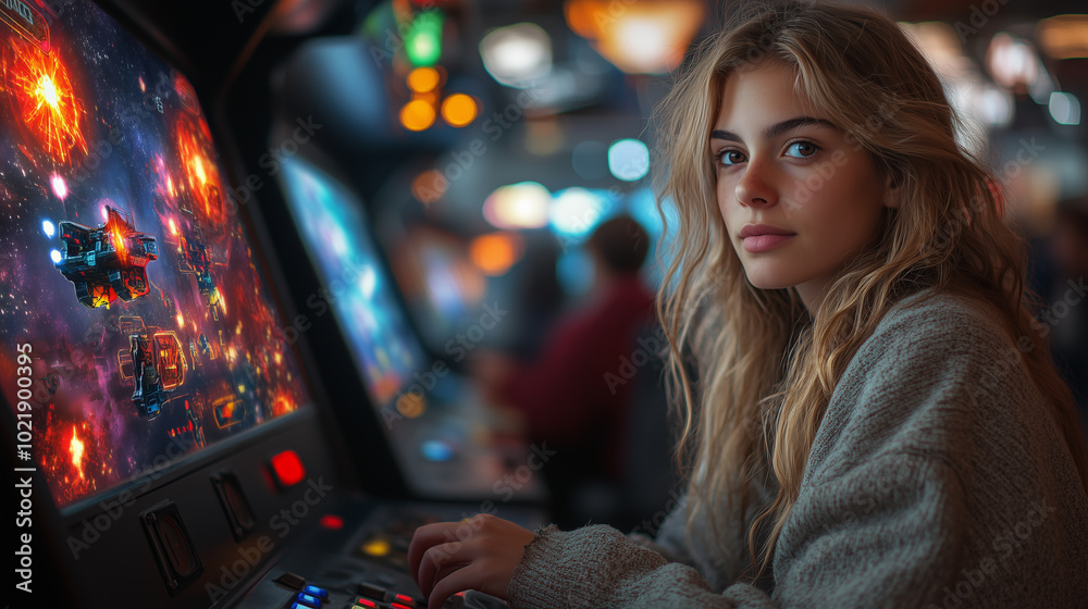 Realistic 3D rendering of a female gamer using a retro joystick to play an arcade-style space shooter game, with vibrant laser blasts and spaceships on the screen. Realistic 3D rendering of a female gamer using a retro joystick to play an arcade-style space shooter game, with vibrant laser blasts and spaceships on the screen.
