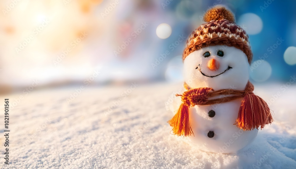 Cute funny laughing snowman with a wool hat and scarf, on snowy snow, bokeh lights, illuminated, Christmas background with copy space Cute funny laughing snowman with a wool hat and scarf, on snowy snow, bokeh lights, illuminated, Christmas background with copy space
