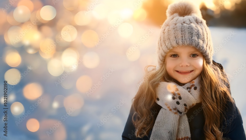 Cute smiling girl with a wool hat and scarf, on snowy snow, bokeh lights, illuminated by the sun, Chirtsmas background with copy space Cute smiling girl with a wool hat and scarf, on snowy snow, bokeh lights, illuminated by the sun, Chirtsmas background with copy space