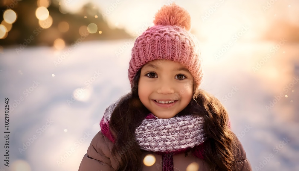 Cute smiling girl with a wool hat and scarf, on snowy snow, bokeh lights, illuminated by the sun, Chirtsmas background with copy space Cute smiling girl with a wool hat and scarf, on snowy snow, bokeh lights, illuminated by the sun, Chirtsmas background with copy space