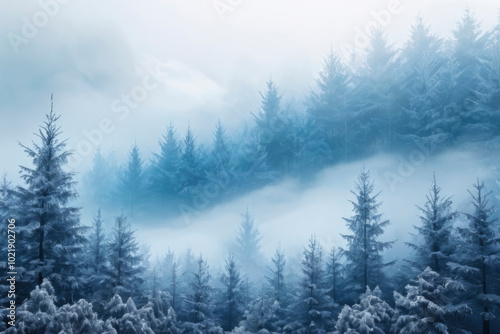 Serene winter forest covered in frost and mist, with tall evergreen trees fading into fog. Atmospheric blue tones and soft lighting. Tranquil, mysterious mood. For nature, winter, or landscape themes