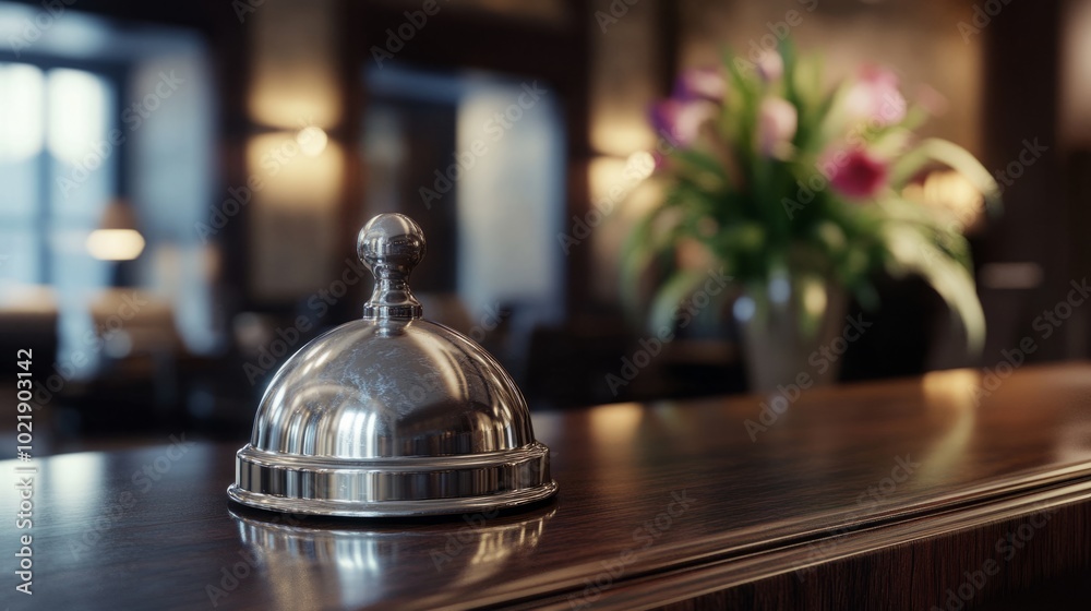 Classic silver hotel bell on a dark oak reception desk, generative ai Classic silver hotel bell on a dark oak reception desk, generative ai