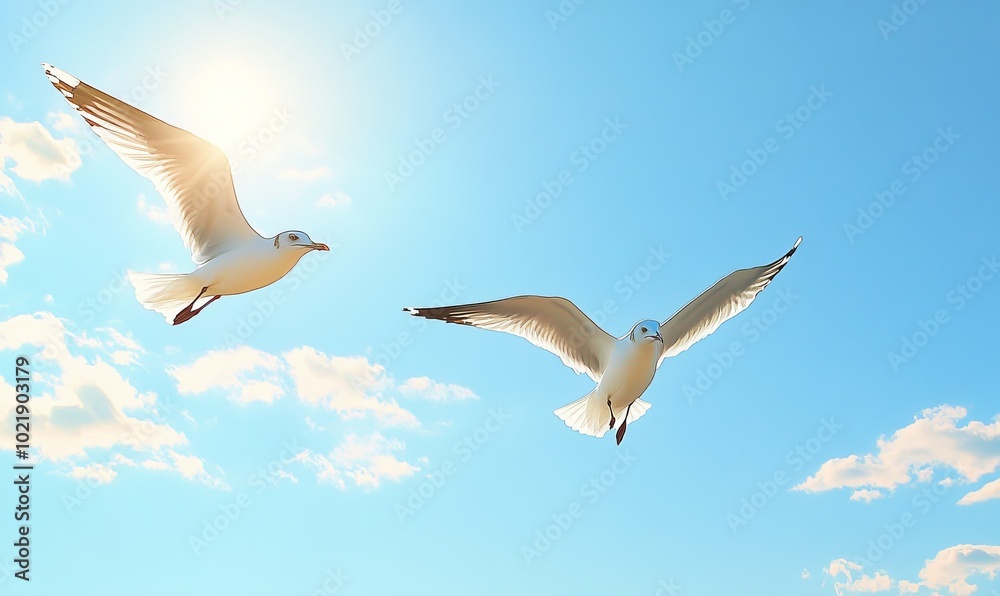 Obraz premium Pair of seagulls flying in the blue sky