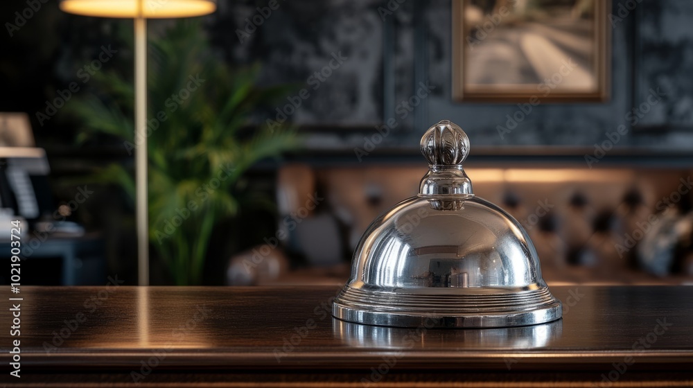 Classic silver hotel bell on a dark oak reception desk, generative ai Classic silver hotel bell on a dark oak reception desk, generative ai