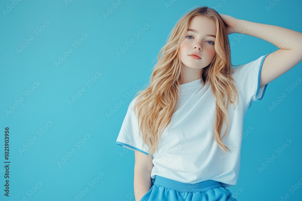 Person in white t-shirt with blue edges and blue sweatpants, blue studio background, half-body portrait Person in white t-shirt with blue edges and blue sweatpants, blue studio background, half-body portrait