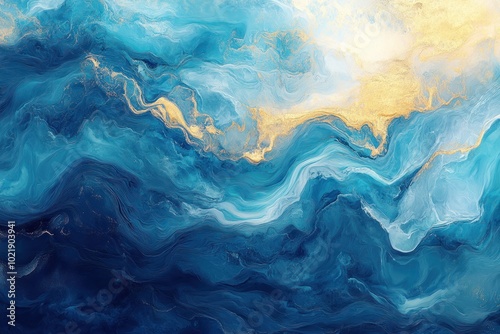 Abstract blue and gold marbled background with fluid, swirling patterns and textures.