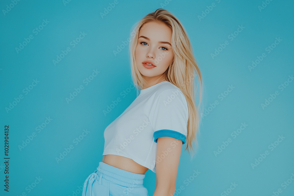 Person in white t-shirt with blue edges and blue sweatpants, blue studio background, half-body portrait Person in white t-shirt with blue edges and blue sweatpants, blue studio background, half-body portrait