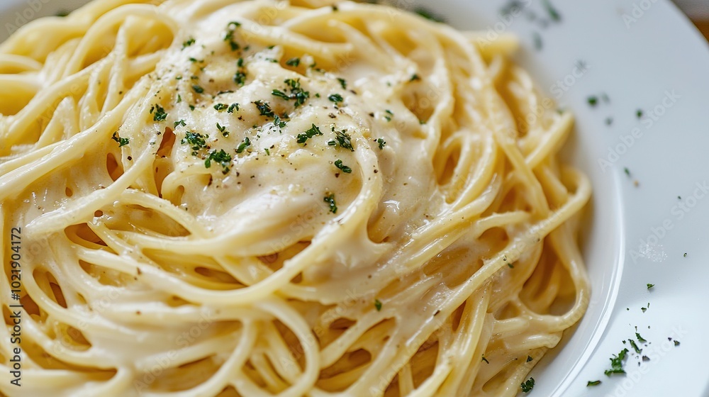 A creamy pasta dish garnished with herbs, showcasing a plate of spaghetti coated in a rich sauce. A creamy pasta dish garnished with herbs, showcasing a plate of spaghetti coated in a rich sauce.