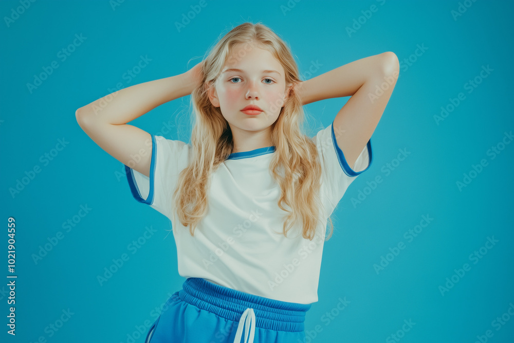 Person in white t-shirt with blue edges and blue sweatpants, blue studio background, half-body portrait Person in white t-shirt with blue edges and blue sweatpants, blue studio background, half-body portrait