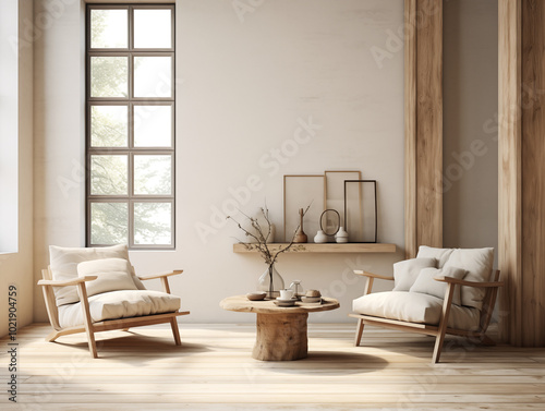 Simple minimalist japandi and wabi sabi style living room with reclaimed wood furniture in neutral colors. Reused materials furniture. Rustic interior.