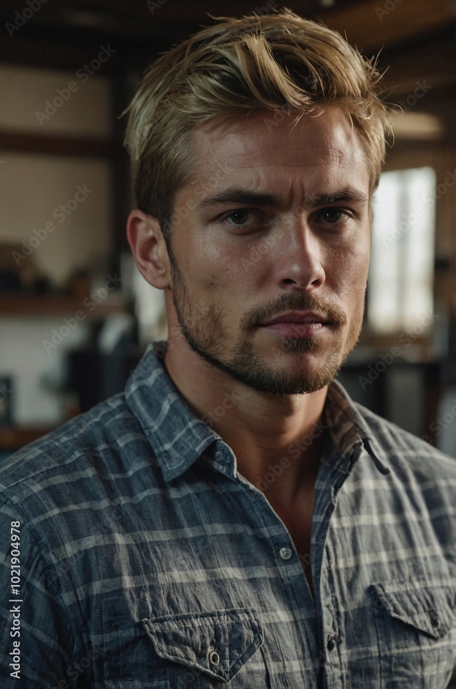 A determined man in a checked shirt focuses intently while working in a modern workspace during the daytime hours. A determined man in a checked shirt focuses intently while working in a modern workspace during the daytime hours.