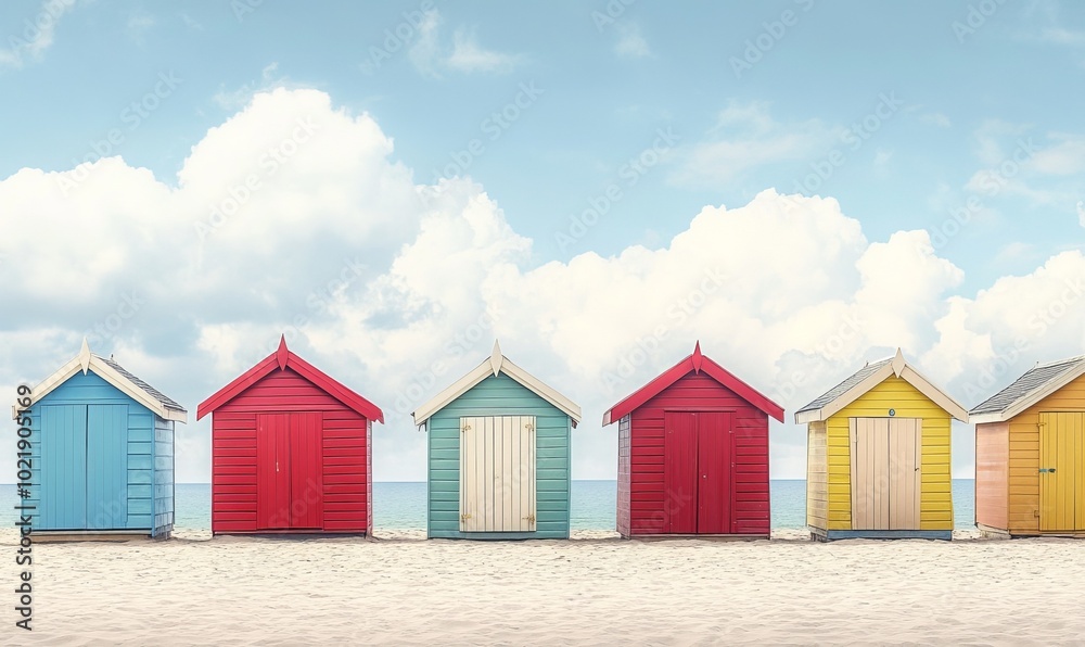 Panorama of the colourful beach huts on the beach Panorama of the colourful beach huts on the beach