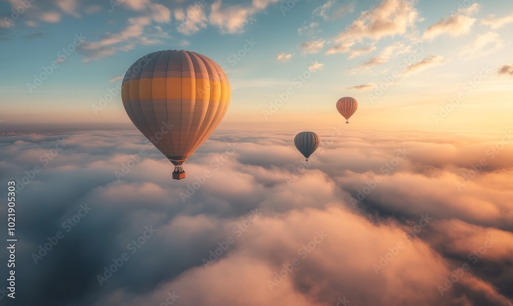 Fototapeta premium Hot air balloons rising above a dense cloud cover during sunrise, with the golden hues of the morning sun reflecting on the top of the