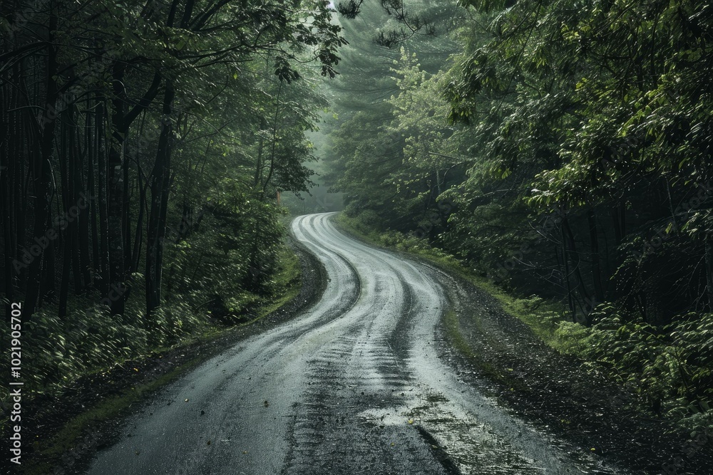 Wet, winding, empty road is leading through a dense, green forest after the rain Wet, winding, empty road is leading through a dense, green forest after the rain