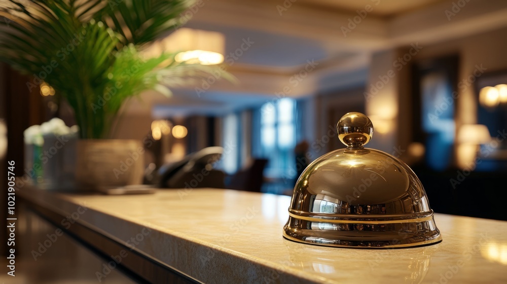 Closeup of a shiny golden hotel bell on a wooden reception desk, generative ai Closeup of a shiny golden hotel bell on a wooden reception desk, generative ai