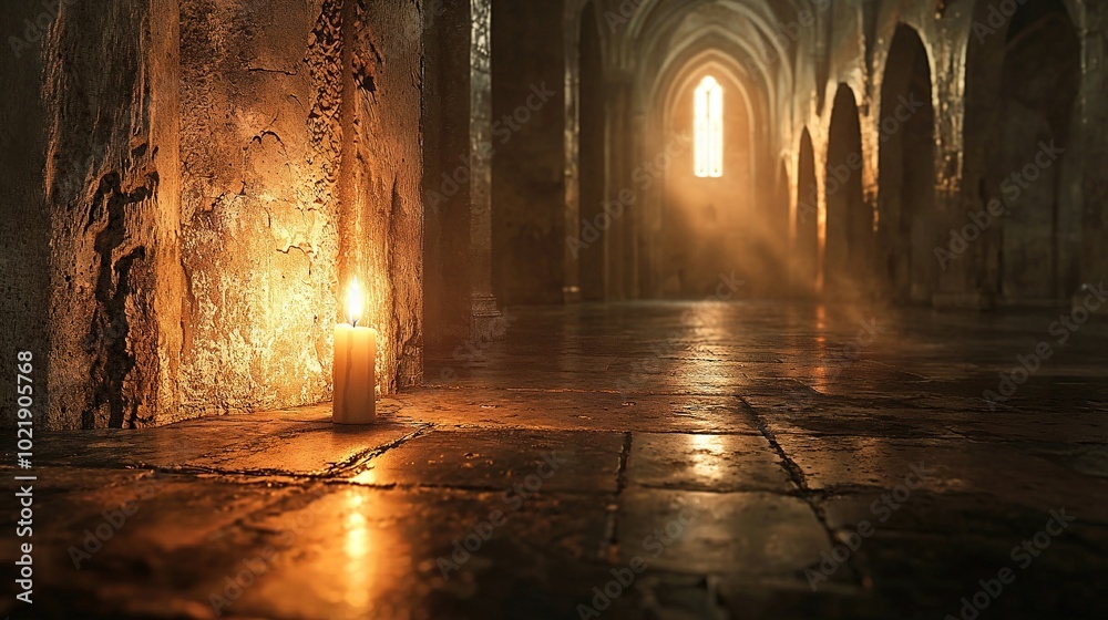 A candle placed centrally in a dimly lit room with a window overhead emitting soft light, casting a warm glow A candle placed centrally in a dimly lit room with a window overhead emitting soft light, casting a warm glow