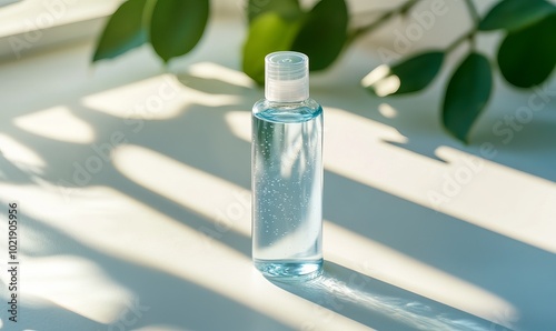 Pattern of bottle with micellar water, essence of natural oil, serum for the face. photo