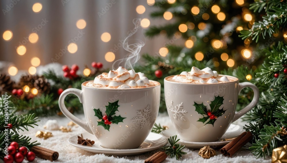 Mugs with cocoa and marshmallows on the background of Christmas tree Mugs with cocoa and marshmallows on the background of Christmas tree