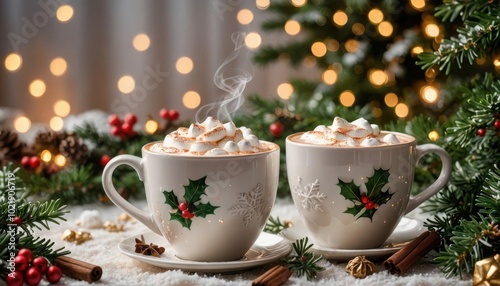 Mugs with cocoa and marshmallows on the background of Christmas tree