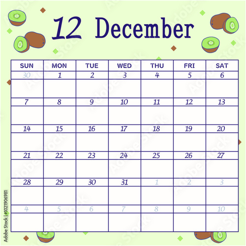 2025年12月のカレンダー　日曜日始まり