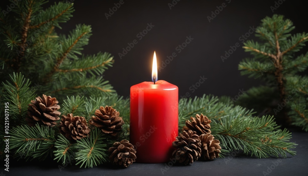 A glowing red candle surrounded by pine branches and cones creates a warm winter ambiance on a dark background A glowing red candle surrounded by pine branches and cones creates a warm winter ambiance on a dark background