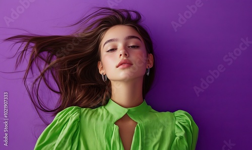 portrait of attractive teen woman fluttering hair dressed stylish green clothes isolated on violet color background