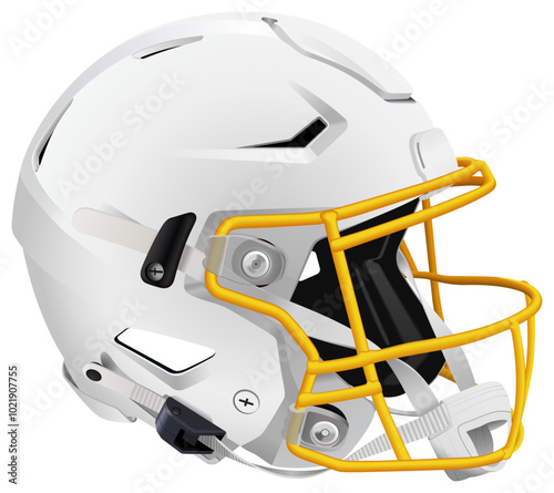 Realistic white 3D helmet for American Football with yellow mask and chin strap