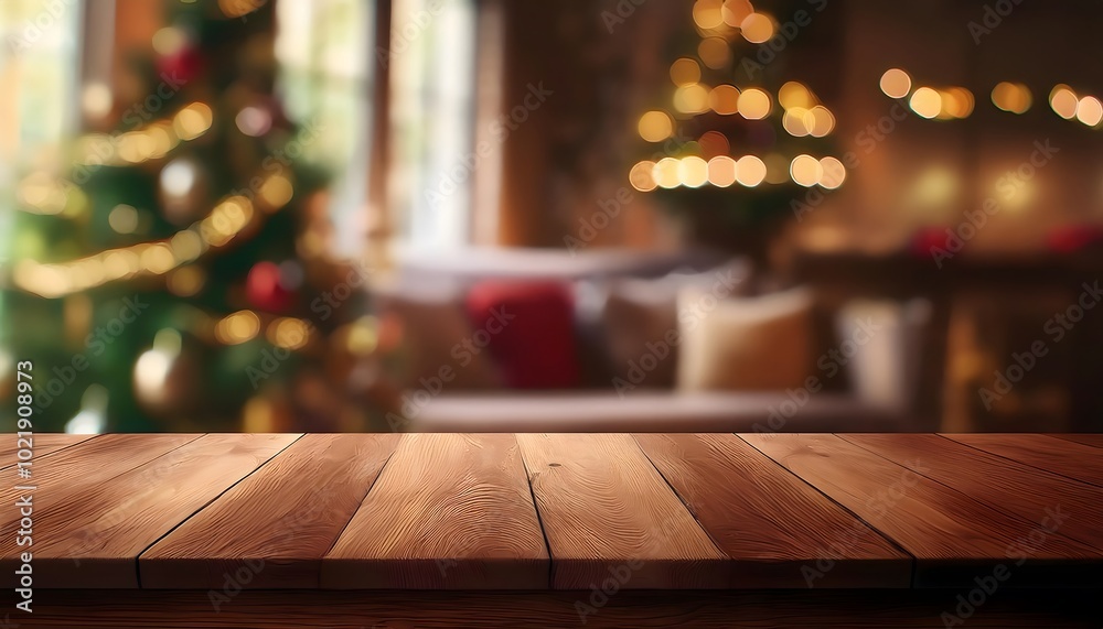 Empty wooden table with christmas theme in background, mock-up for product display, Christmas background, copy space Empty wooden table with christmas theme in background, mock-up for product display, Christmas background, copy space
