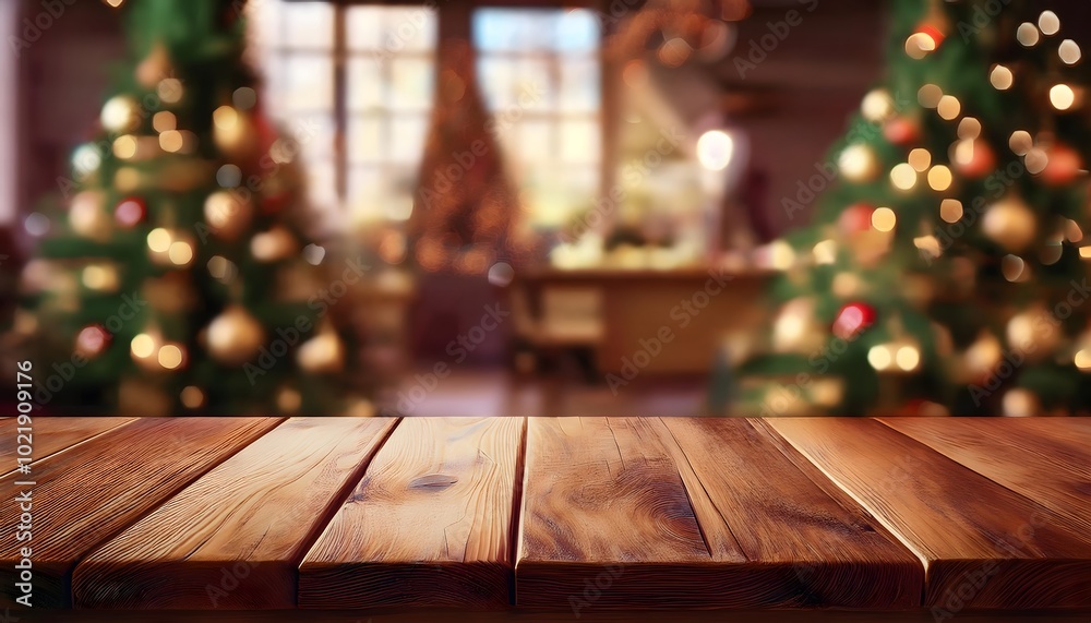 Empty wooden table with christmas theme in background, mock-up for product display, Christmas background, copy space Empty wooden table with christmas theme in background, mock-up for product display, Christmas background, copy space