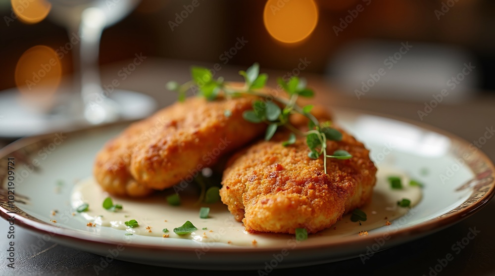 The finest dinner setting features a single plate holding tender fried chicken breasts, surrounded by an ambiance of luxury and sophistication. The finest dinner setting features a single plate holding tender fried chicken breasts, surrounded by an ambiance of luxury and sophistication.