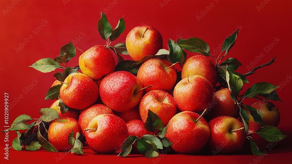 Red apples stacked on top of each other with green leaves on a red background Red apples stacked on top of each other with green leaves on a red background