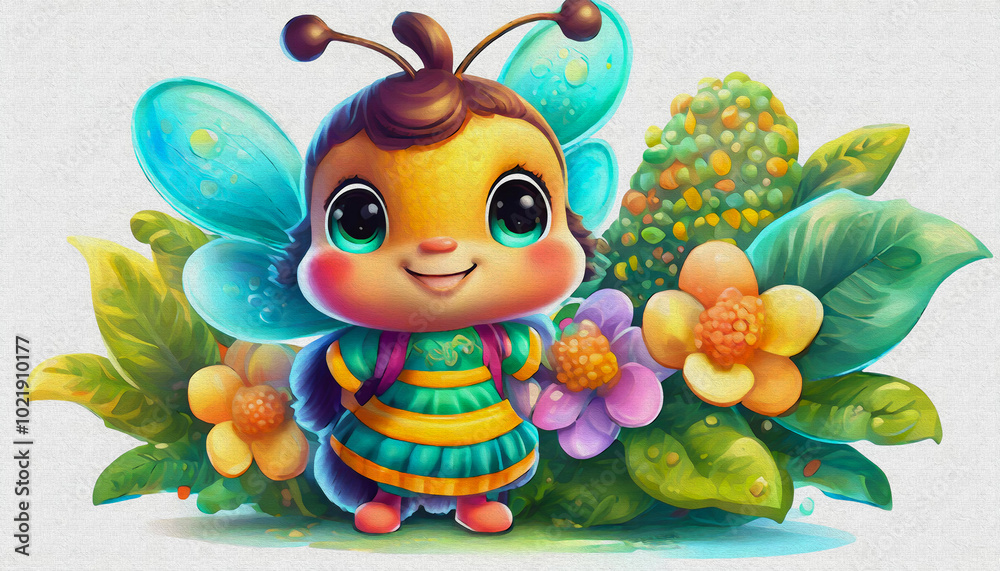 Naklejka premium oil painting style CARTOON CHARACTER illustration CUTE Honeybee isolated on white background, top view. side front view