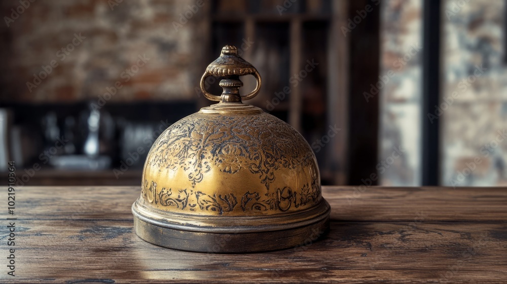 Closeup of an ornate antique hotel bell on a vintage wooden counter generative ai Closeup of an ornate antique hotel bell on a vintage wooden counter generative ai