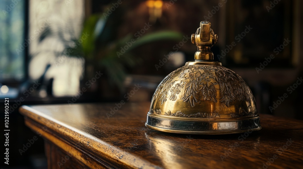 Closeup of an ornate antique hotel bell on a vintage wooden counter generative ai Closeup of an ornate antique hotel bell on a vintage wooden counter generative ai