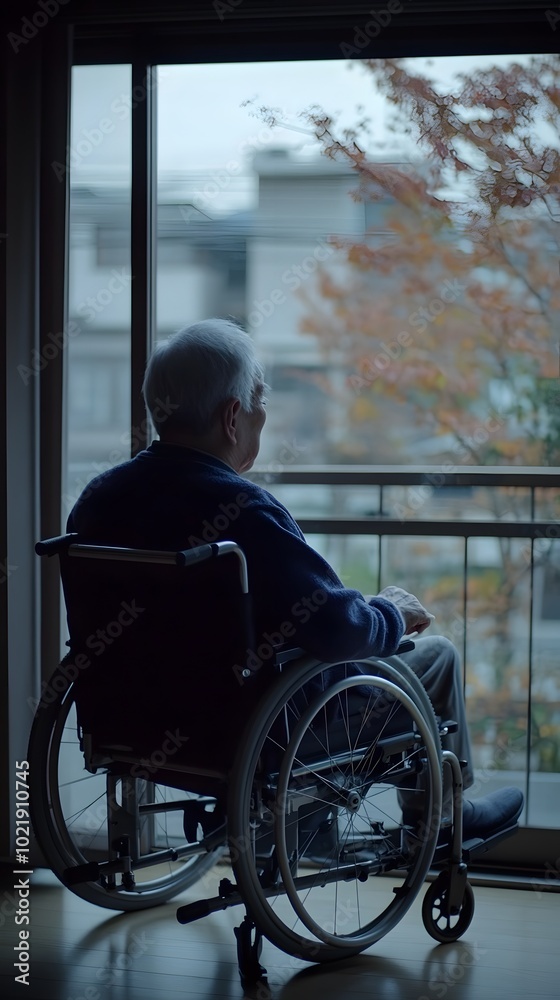 A still from the film, an elderly man in his wheelchair sits at home and looks out of the window, with dark colors, cold tones, and a melancholic atmosphere A still from the film, an elderly man in his wheelchair sits at home and looks out of the window, with dark colors, cold tones, and a melancholic atmosphere