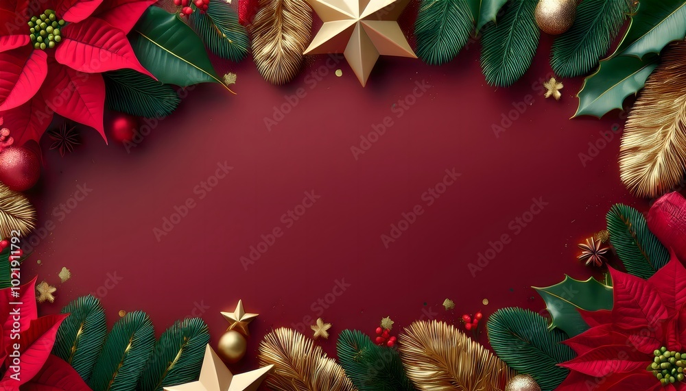 Christmas banner frame adorned with poinsettias, mistletoe, and evergreen branches Christmas banner frame adorned with poinsettias, mistletoe, and evergreen branches