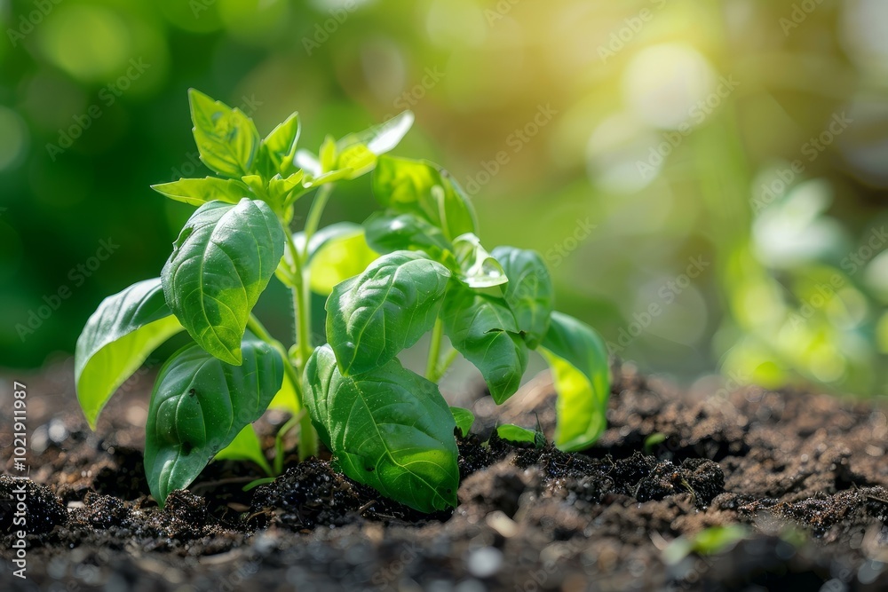 Young basil plant is growing in the garden soil, illuminated by the warm sunlight Young basil plant is growing in the garden soil, illuminated by the warm sunlight