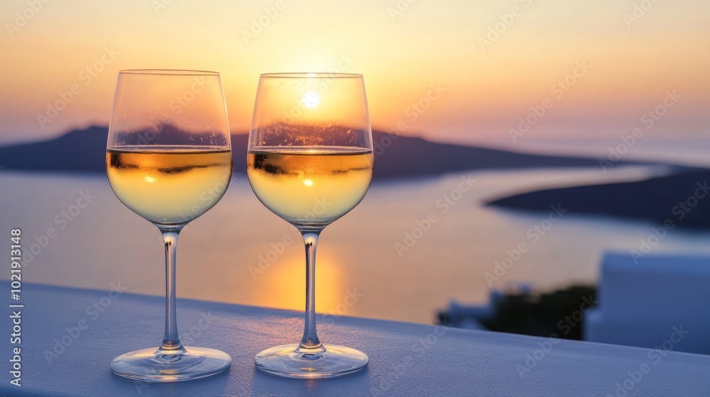Closeup of two glasses of white wine on a rooftop terrace overlooking the ocean generative ai Closeup of two glasses of white wine on a rooftop terrace overlooking the ocean generative ai